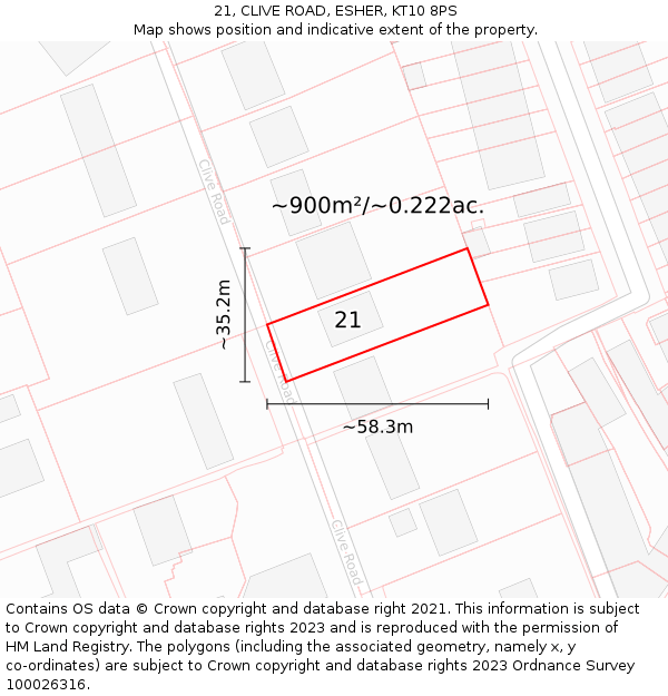 21, CLIVE ROAD, ESHER, KT10 8PS: Plot and title map