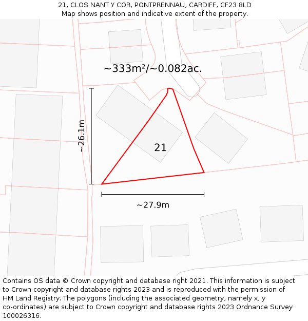 21, CLOS NANT Y COR, PONTPRENNAU, CARDIFF, CF23 8LD: Plot and title map