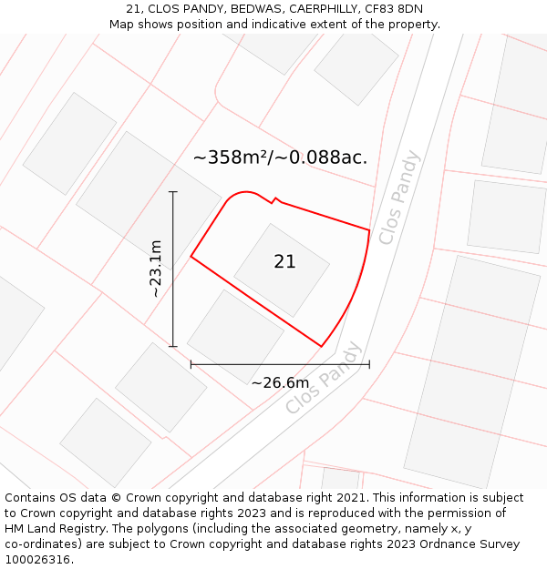 21, CLOS PANDY, BEDWAS, CAERPHILLY, CF83 8DN: Plot and title map