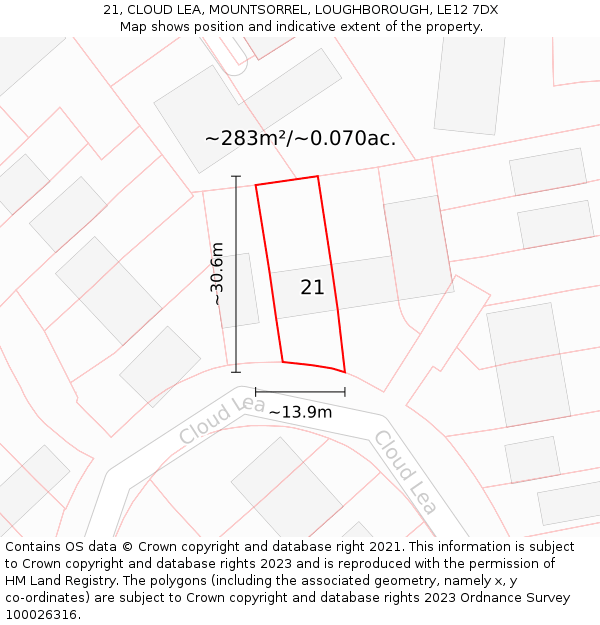21, CLOUD LEA, MOUNTSORREL, LOUGHBOROUGH, LE12 7DX: Plot and title map