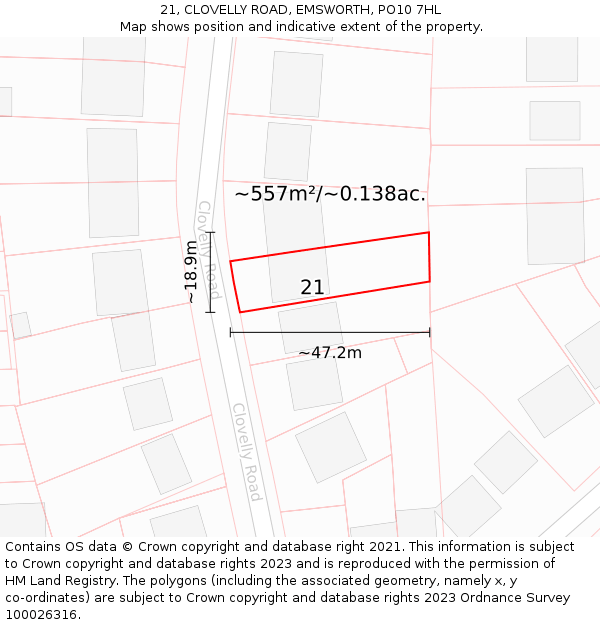 21, CLOVELLY ROAD, EMSWORTH, PO10 7HL: Plot and title map