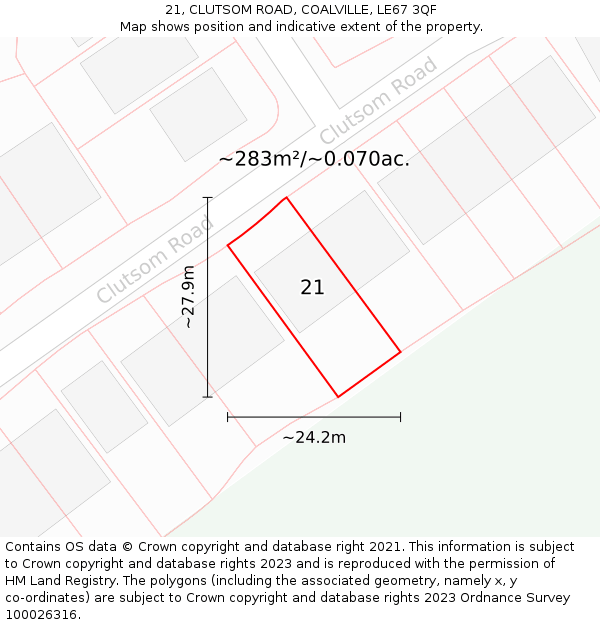 21, CLUTSOM ROAD, COALVILLE, LE67 3QF: Plot and title map