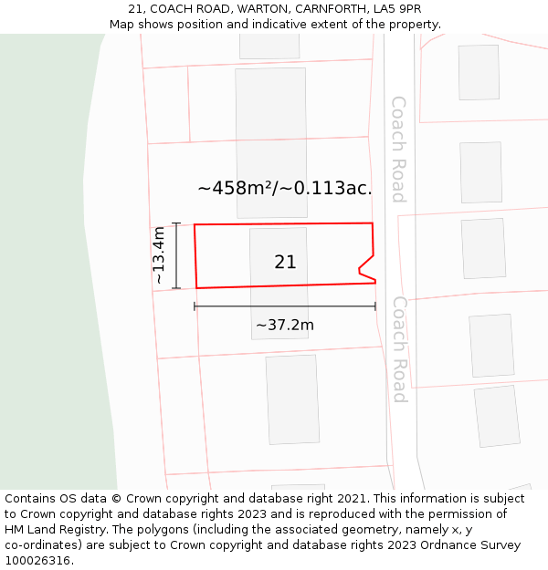 21, COACH ROAD, WARTON, CARNFORTH, LA5 9PR: Plot and title map