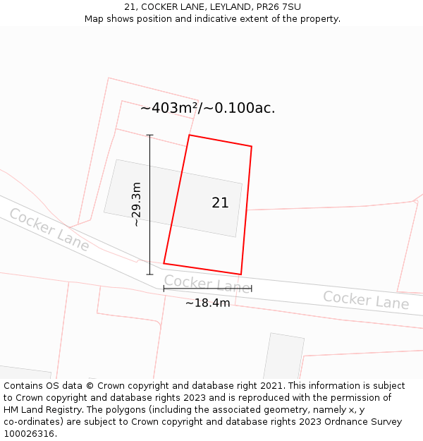 21, COCKER LANE, LEYLAND, PR26 7SU: Plot and title map