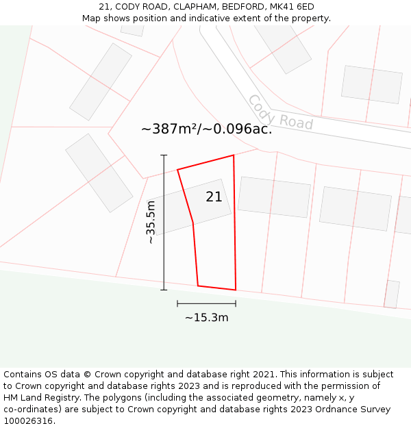 21, CODY ROAD, CLAPHAM, BEDFORD, MK41 6ED: Plot and title map