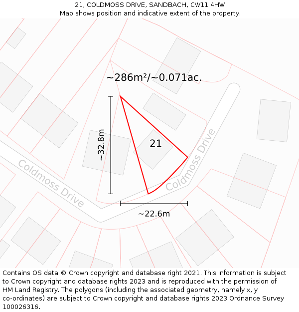 21, COLDMOSS DRIVE, SANDBACH, CW11 4HW: Plot and title map