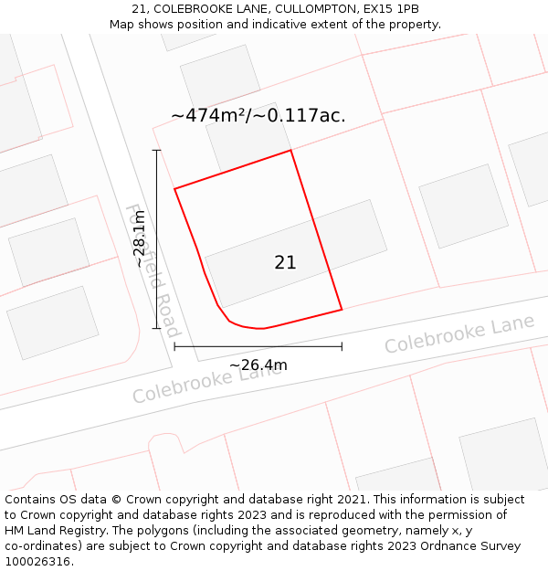 21, COLEBROOKE LANE, CULLOMPTON, EX15 1PB: Plot and title map