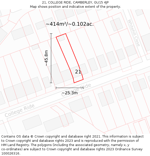 21, COLLEGE RIDE, CAMBERLEY, GU15 4JP: Plot and title map