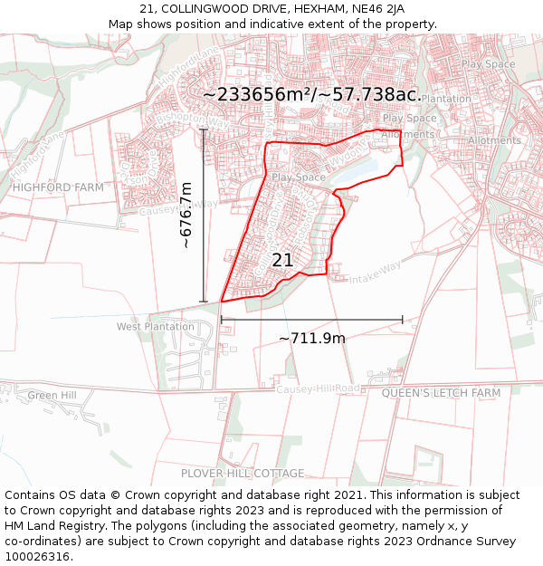 21, COLLINGWOOD DRIVE, HEXHAM, NE46 2JA: Plot and title map