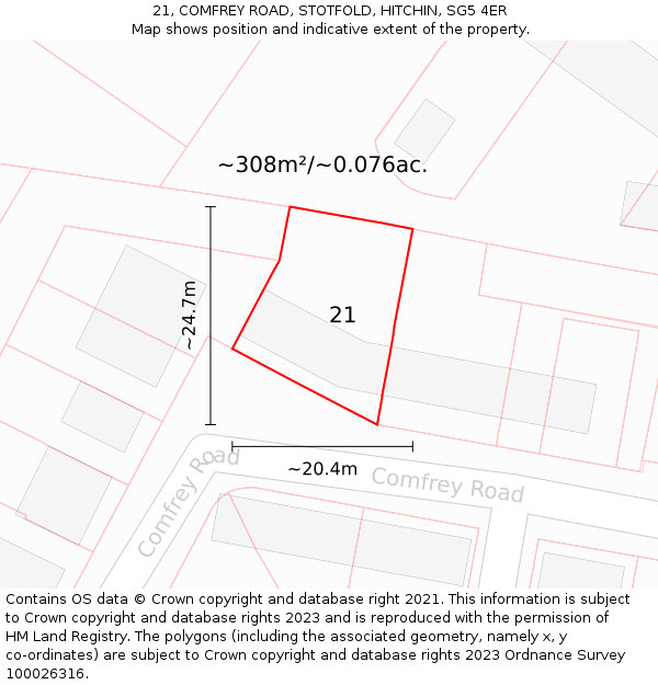 21, COMFREY ROAD, STOTFOLD, HITCHIN, SG5 4ER: Plot and title map