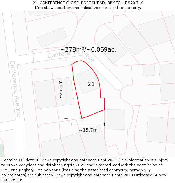 21, CONFERENCE CLOSE, PORTISHEAD, BRISTOL, BS20 7LX: Plot and title map