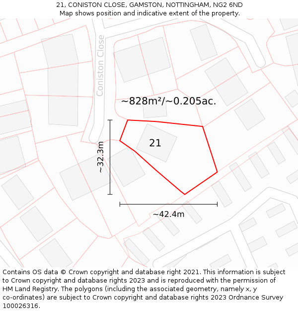 21, CONISTON CLOSE, GAMSTON, NOTTINGHAM, NG2 6ND: Plot and title map