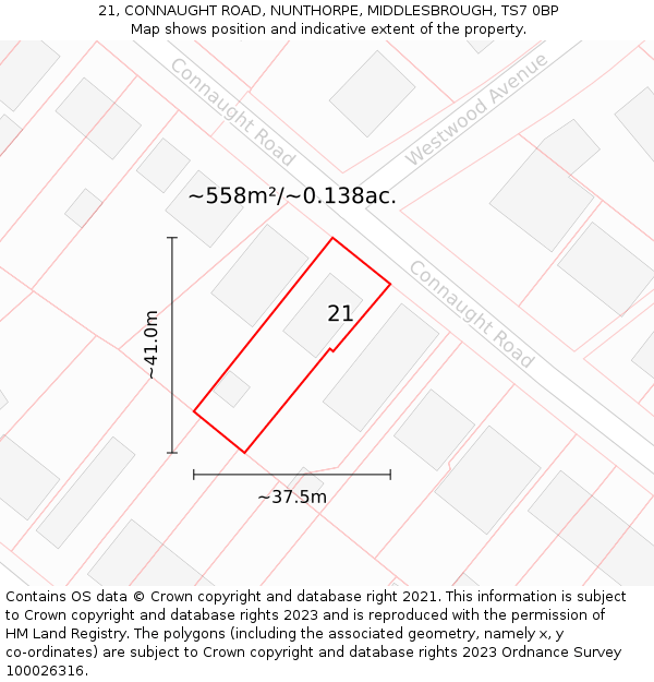 21, CONNAUGHT ROAD, NUNTHORPE, MIDDLESBROUGH, TS7 0BP: Plot and title map