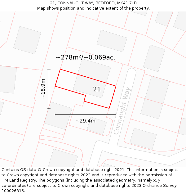 21, CONNAUGHT WAY, BEDFORD, MK41 7LB: Plot and title map