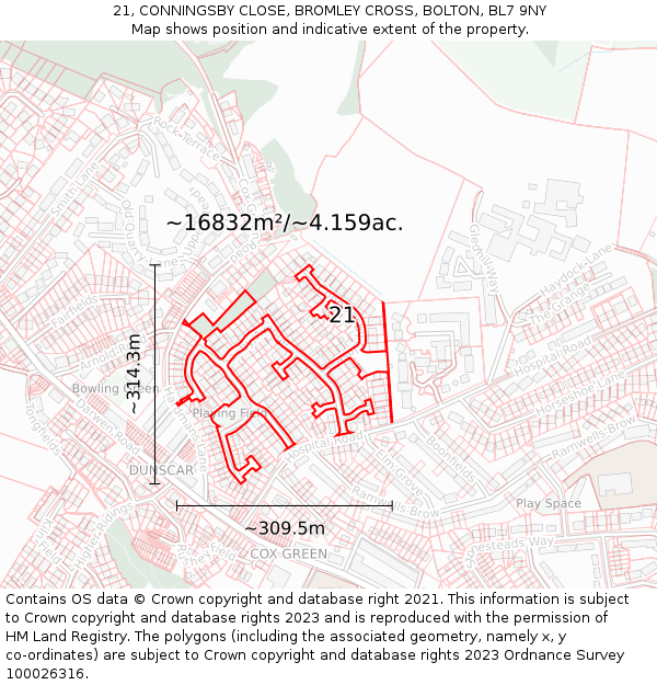 21, CONNINGSBY CLOSE, BROMLEY CROSS, BOLTON, BL7 9NY: Plot and title map