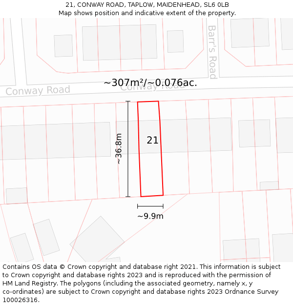 21, CONWAY ROAD, TAPLOW, MAIDENHEAD, SL6 0LB: Plot and title map