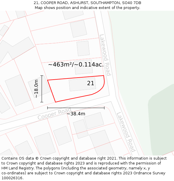 21, COOPER ROAD, ASHURST, SOUTHAMPTON, SO40 7DB: Plot and title map