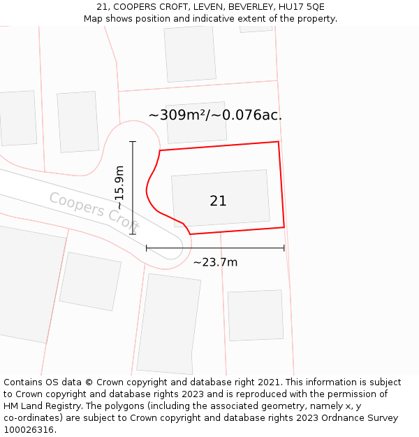 21, COOPERS CROFT, LEVEN, BEVERLEY, HU17 5QE: Plot and title map