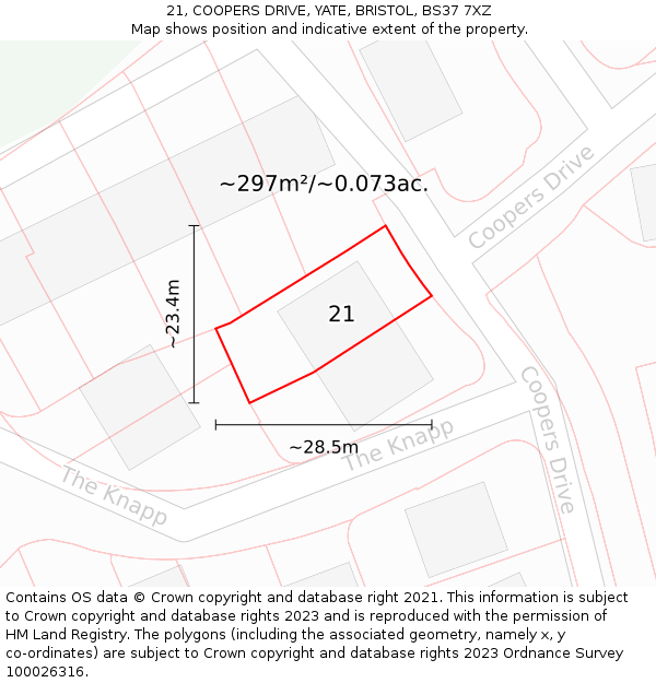 21, COOPERS DRIVE, YATE, BRISTOL, BS37 7XZ: Plot and title map
