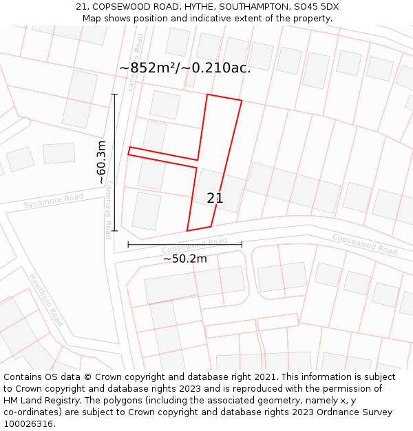 21, COPSEWOOD ROAD, HYTHE, SOUTHAMPTON, SO45 5DX: Plot and title map