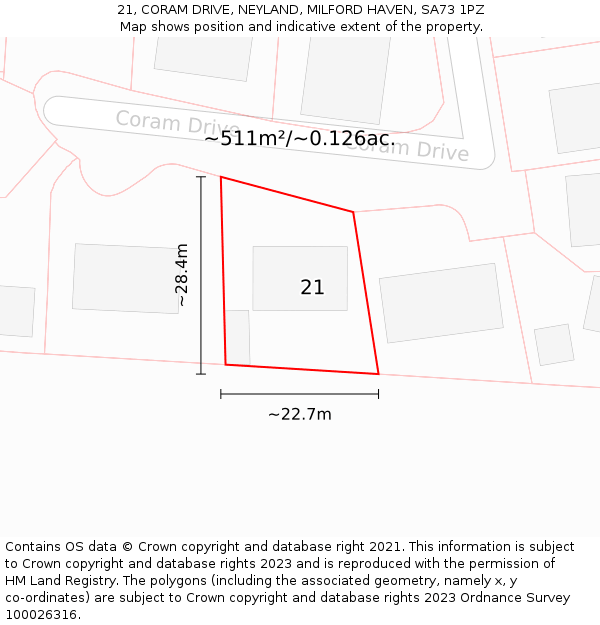 21, CORAM DRIVE, NEYLAND, MILFORD HAVEN, SA73 1PZ: Plot and title map