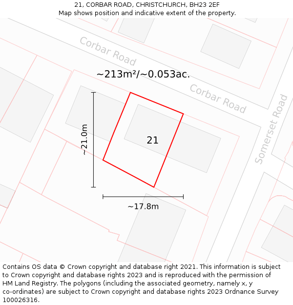 21, CORBAR ROAD, CHRISTCHURCH, BH23 2EF: Plot and title map