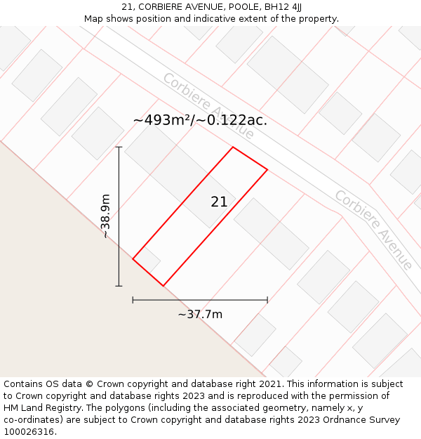 21, CORBIERE AVENUE, POOLE, BH12 4JJ: Plot and title map