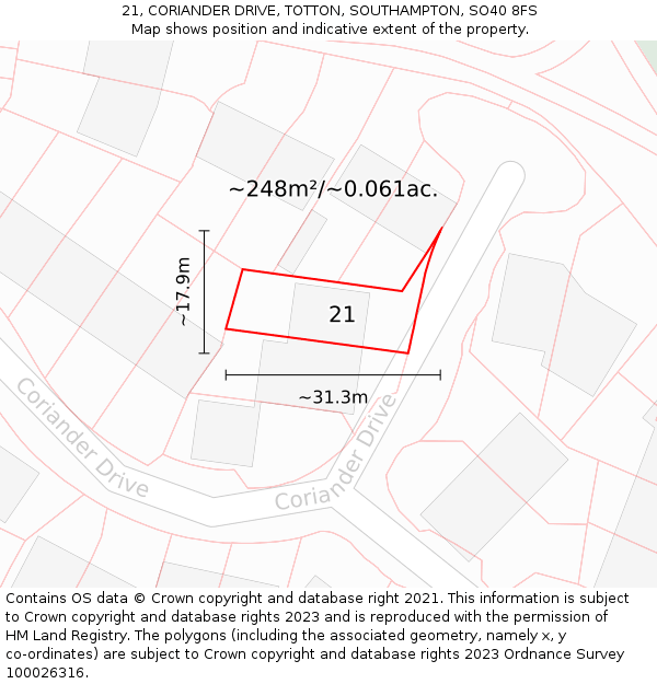 21, CORIANDER DRIVE, TOTTON, SOUTHAMPTON, SO40 8FS: Plot and title map