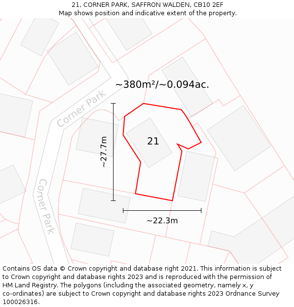 21, CORNER PARK, SAFFRON WALDEN, CB10 2EF: Plot and title map