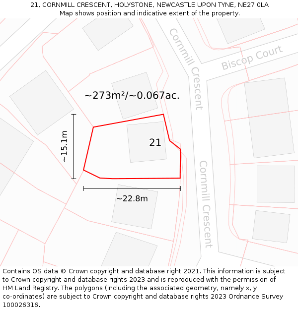 21, CORNMILL CRESCENT, HOLYSTONE, NEWCASTLE UPON TYNE, NE27 0LA: Plot and title map