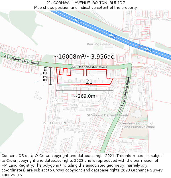 21, CORNWALL AVENUE, BOLTON, BL5 1DZ: Plot and title map