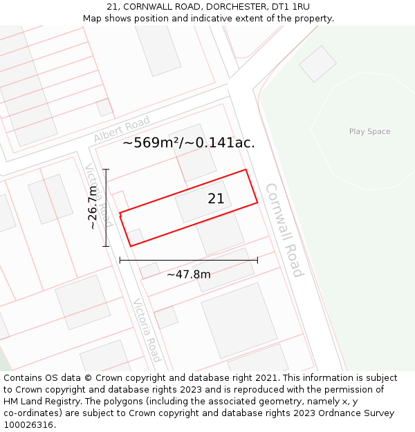 21, CORNWALL ROAD, DORCHESTER, DT1 1RU: Plot and title map