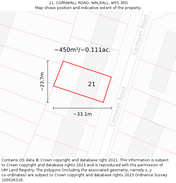21, CORNWALL ROAD, WALSALL, WS5 3PD: Plot and title map