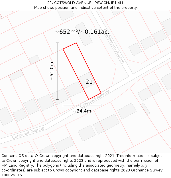 21, COTSWOLD AVENUE, IPSWICH, IP1 4LL: Plot and title map