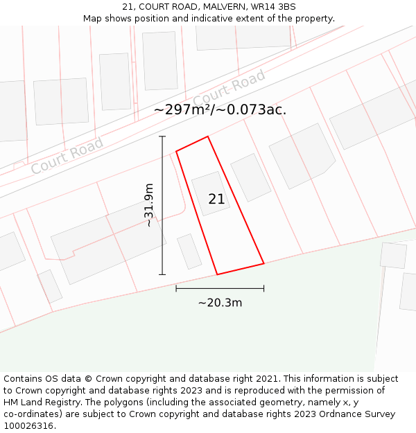 21, COURT ROAD, MALVERN, WR14 3BS: Plot and title map