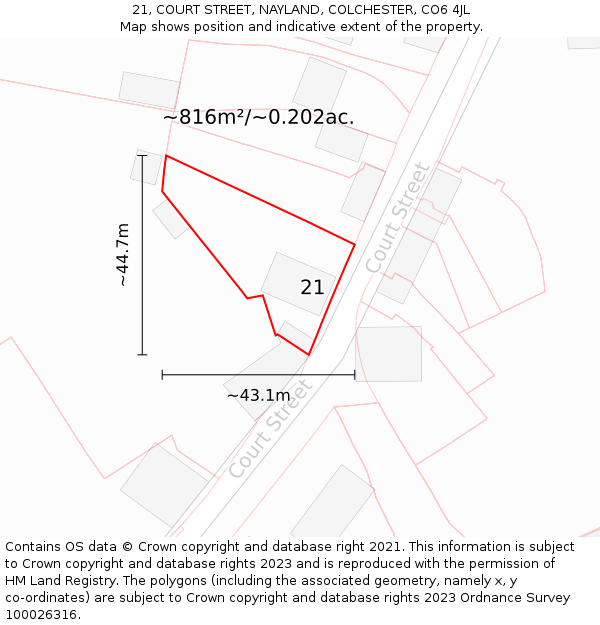 21, COURT STREET, NAYLAND, COLCHESTER, CO6 4JL: Plot and title map