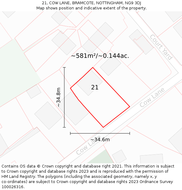 21, COW LANE, BRAMCOTE, NOTTINGHAM, NG9 3DJ: Plot and title map