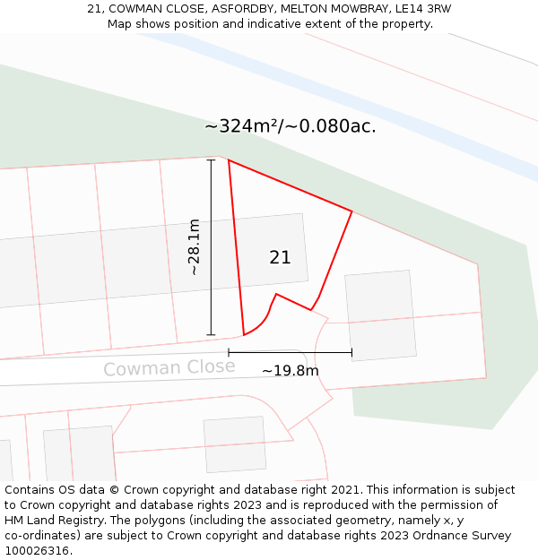 21, COWMAN CLOSE, ASFORDBY, MELTON MOWBRAY, LE14 3RW: Plot and title map