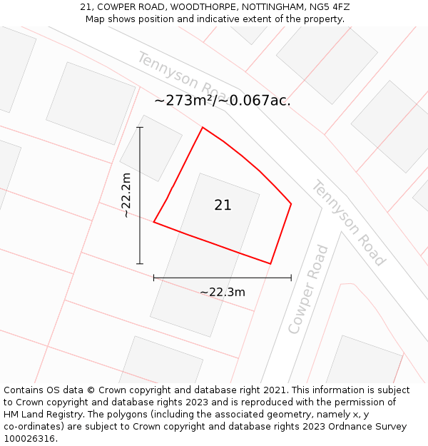 21, COWPER ROAD, WOODTHORPE, NOTTINGHAM, NG5 4FZ: Plot and title map