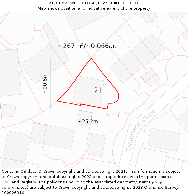 21, CRAMSWELL CLOSE, HAVERHILL, CB9 9QL: Plot and title map