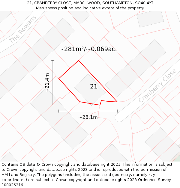 21, CRANBERRY CLOSE, MARCHWOOD, SOUTHAMPTON, SO40 4YT: Plot and title map