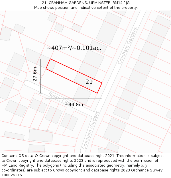 21, CRANHAM GARDENS, UPMINSTER, RM14 1JG: Plot and title map