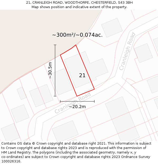 21, CRANLEIGH ROAD, WOODTHORPE, CHESTERFIELD, S43 3BH: Plot and title map