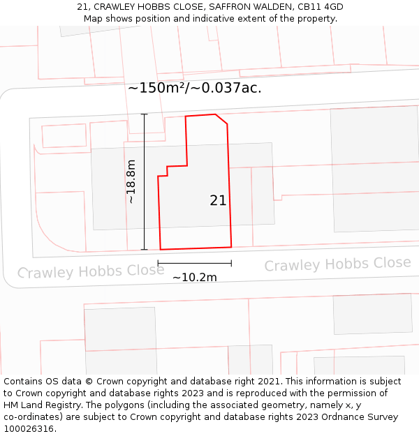 21, CRAWLEY HOBBS CLOSE, SAFFRON WALDEN, CB11 4GD: Plot and title map