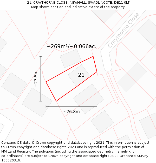 21, CRAYTHORNE CLOSE, NEWHALL, SWADLINCOTE, DE11 0LT: Plot and title map