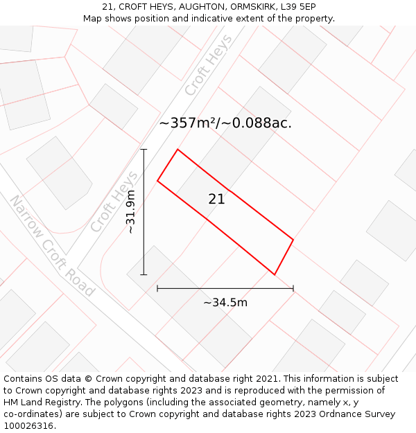 21, CROFT HEYS, AUGHTON, ORMSKIRK, L39 5EP: Plot and title map