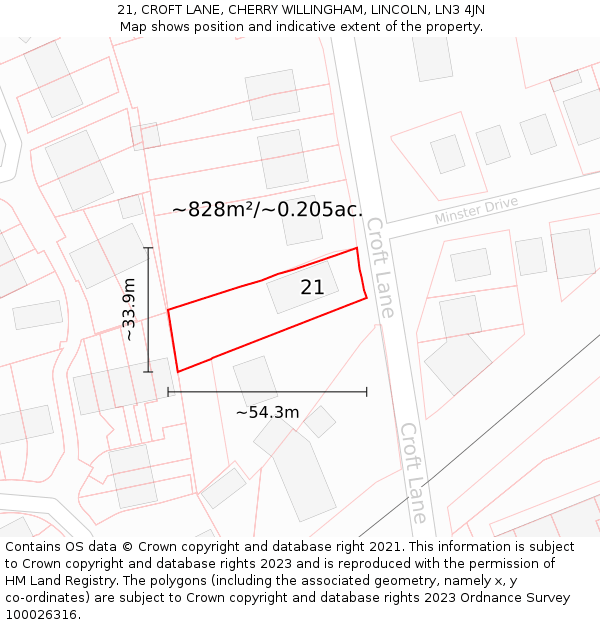 21, CROFT LANE, CHERRY WILLINGHAM, LINCOLN, LN3 4JN: Plot and title map