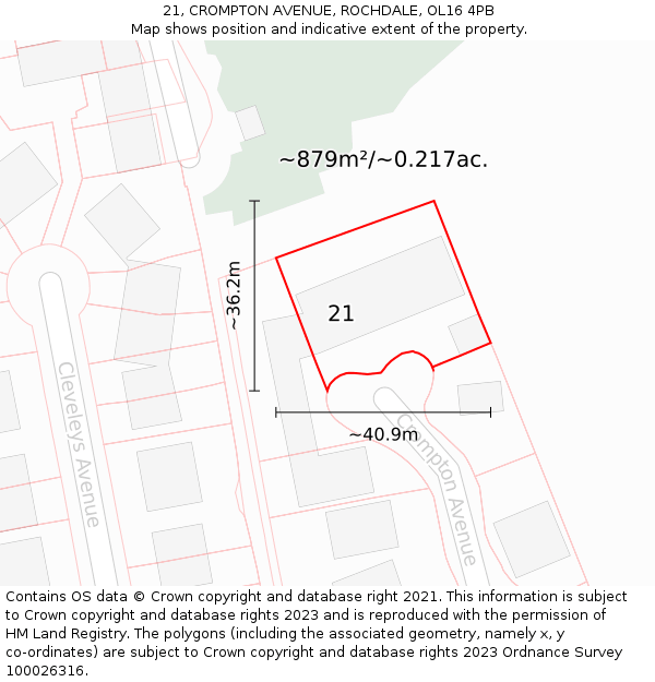 21, CROMPTON AVENUE, ROCHDALE, OL16 4PB: Plot and title map