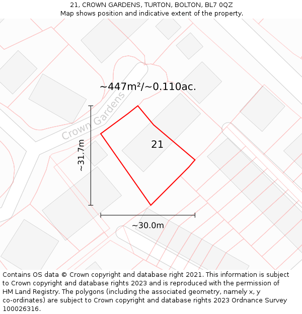 21, CROWN GARDENS, TURTON, BOLTON, BL7 0QZ: Plot and title map