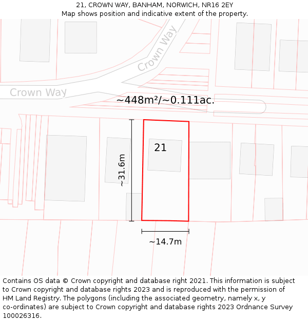 21, CROWN WAY, BANHAM, NORWICH, NR16 2EY: Plot and title map